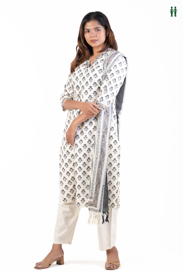 V-Neck Floral Design White Cotton Salwar Set