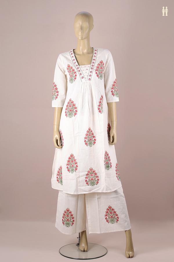V-Neck Floral Design White Cotton Salwar Set