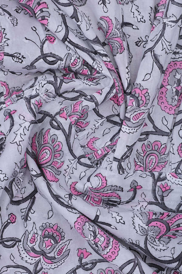 V-Neck Floral Printed Design Light Grey Cotton Long Kurta