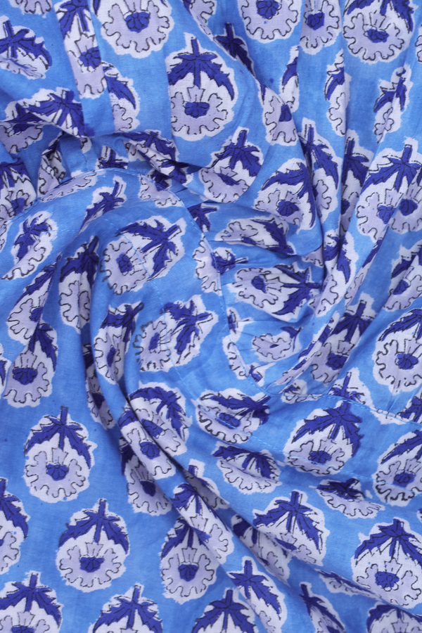 V-Neck Floral Printed Buttas Sky Blue Cotton Long Kurta