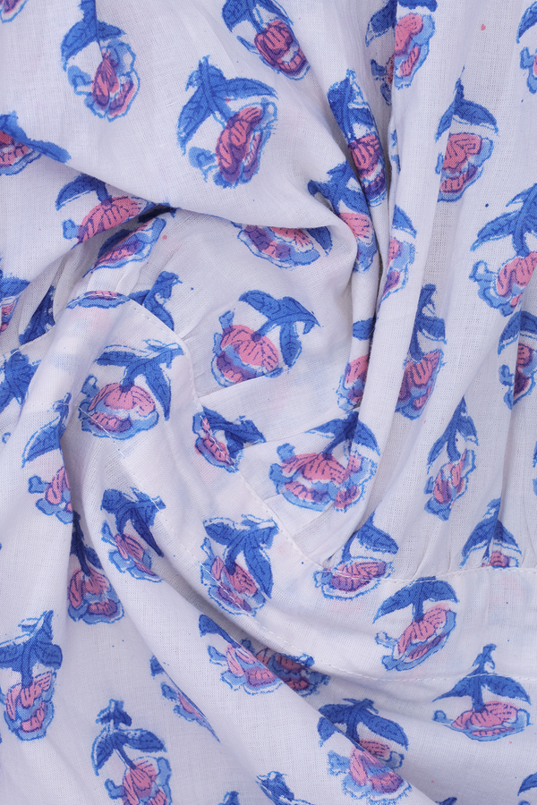 V-Neck Floral Printed Buttas White Cotton Long Kurta