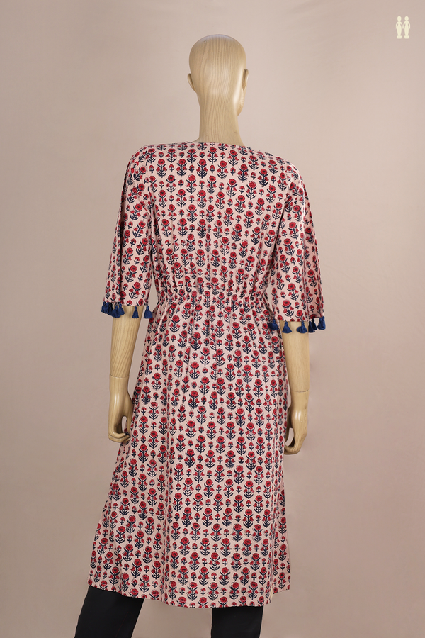 V-Neck Floral Printed Design Beige Cotton Long Kurta