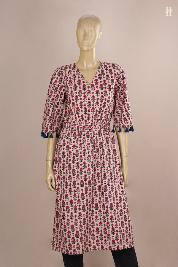 V-Neck Floral Printed Design Beige Cotton Long Kurta