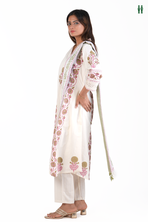 V-Neck Floral Printed White Cotton Salwar Set