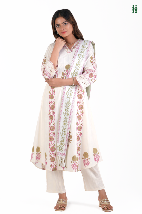 V-Neck Floral Printed White Cotton Salwar Set