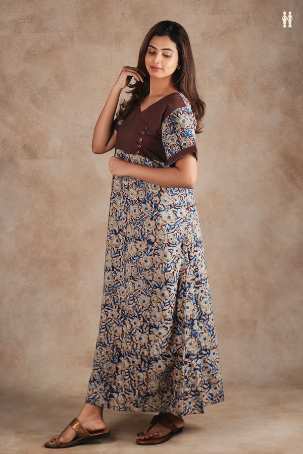 V-Neck Kalamkari Design Brown Cotton Nightie