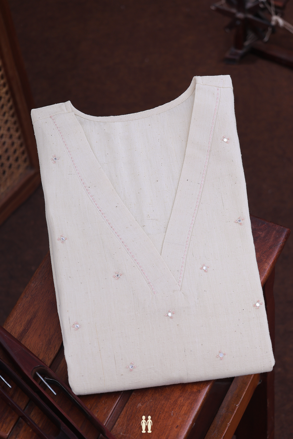 V-Neck Mirror Buttis Beige Handspun Cotton Long Kurta