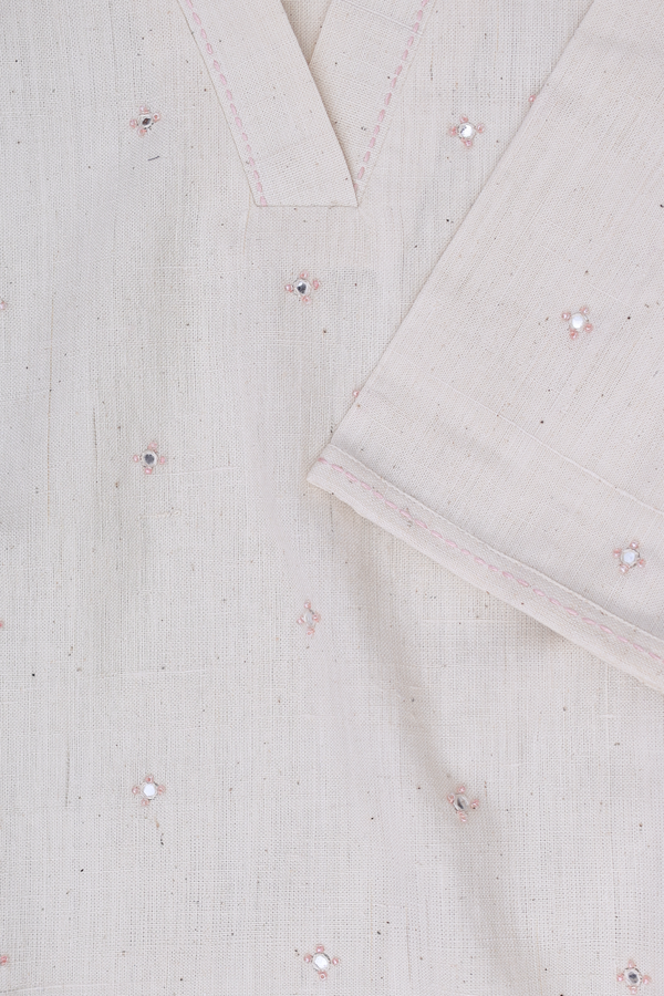V-Neck Mirror Buttis Beige Handspun Cotton Long Kurta