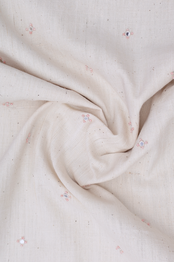 V-Neck Mirror Buttis Beige Handspun Cotton Long Kurta