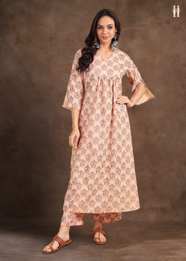 V-Neck Paisley Design Peach Pink Cotton Salwar Set