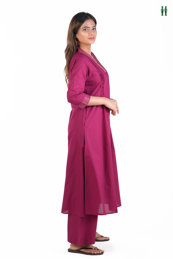 V-Neck Plain Berry Purple Cotton Salwar Set