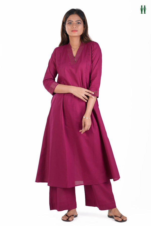 V-Neck Plain Berry Purple Cotton Salwar Set