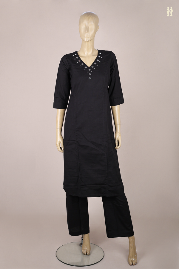 V-Neck Plain Black Cotton Salwar Set