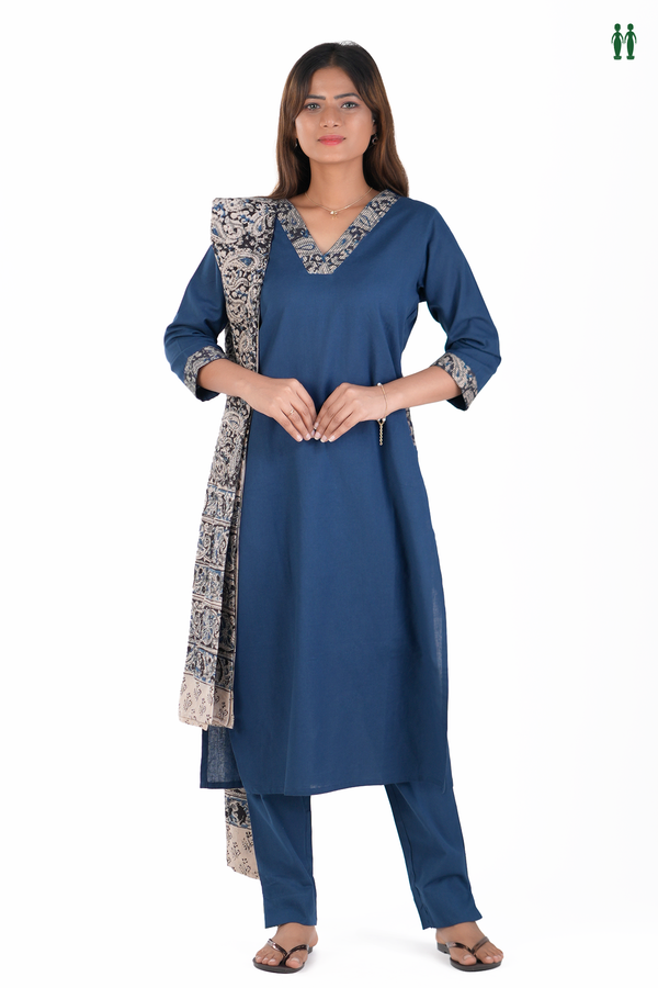 V-Neck Plain Blue Cotton Salwar Set