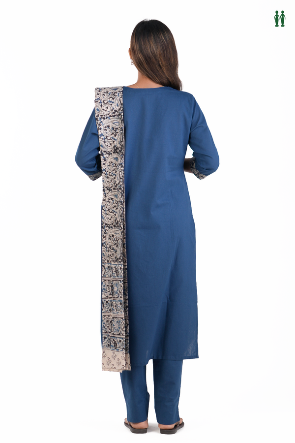 V-Neck Plain Blue Cotton Salwar Set