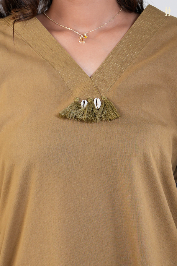 V-Neck Plain Cardamom Green Cotton Salwar Set