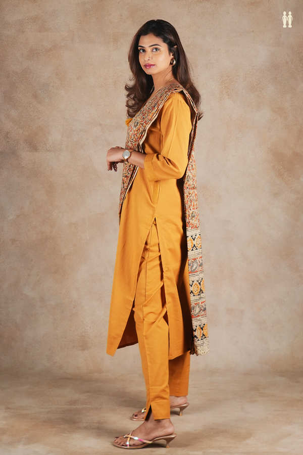 V-Neck Plain Golden Yellow Cotton Salwar Set