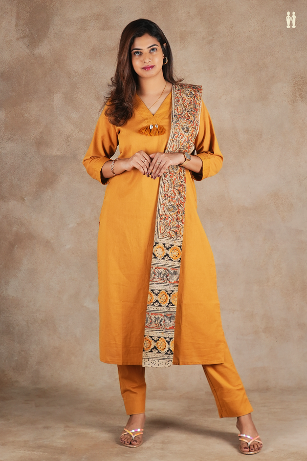 V-Neck Plain Golden Yellow Cotton Salwar Set