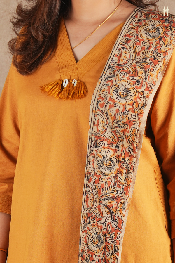 V-Neck Plain Golden Yellow Cotton Salwar Set