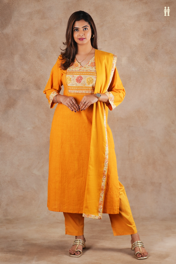 V-Neck Plain Honey Orange Cotton Salwar Set