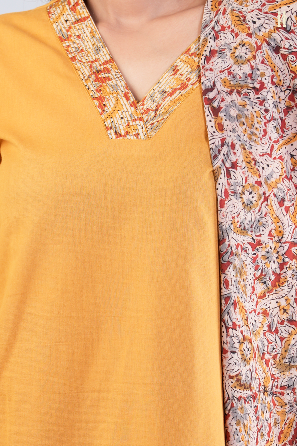 V-Neck Plain Mustard Yellow Cotton Salwar Set