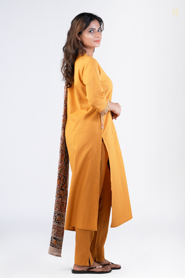 V-Neck Plain Mustard Yellow Cotton Salwar Set
