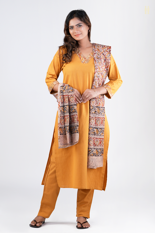 V-Neck Plain Mustard Yellow Cotton Salwar Set