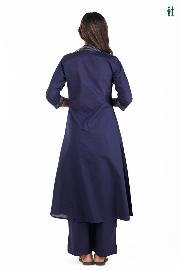 V-Neck Plain Navy Blue Cotton Salwar Set