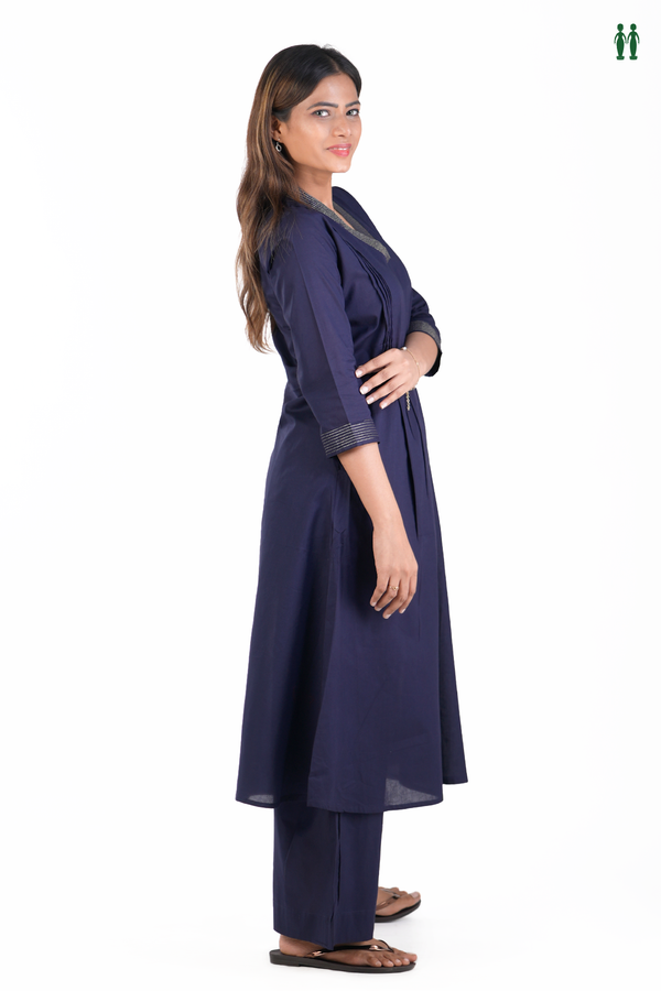 V-Neck Plain Navy Blue Cotton Salwar Set
