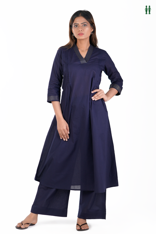 V-Neck Plain Navy Blue Cotton Salwar Set
