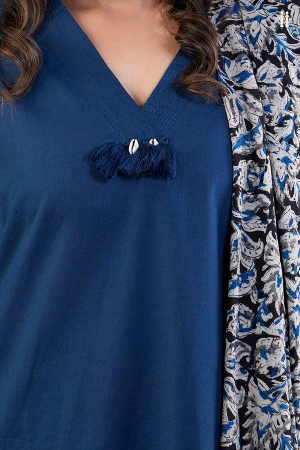 V-Neck Plain Oxford Blue Cotton Salwar Set