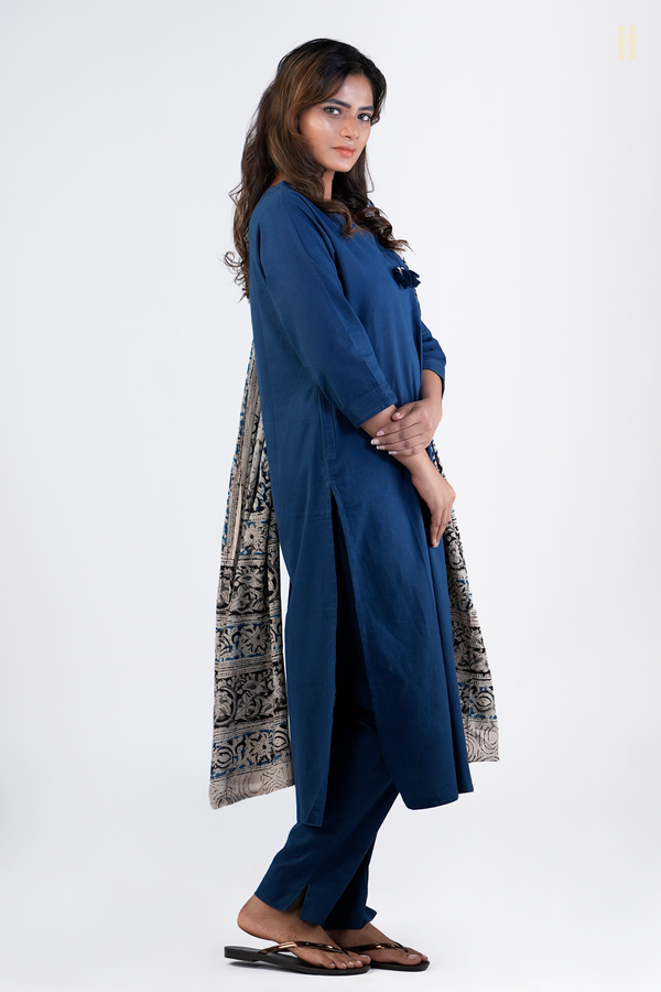 V-Neck Plain Oxford Blue Cotton Salwar Set