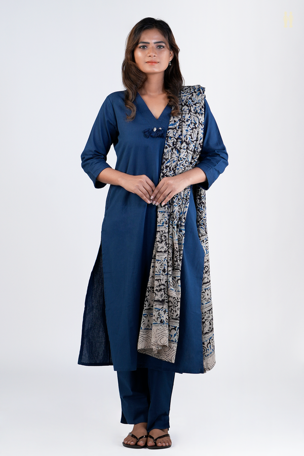 V-Neck Plain Oxford Blue Cotton Salwar Set