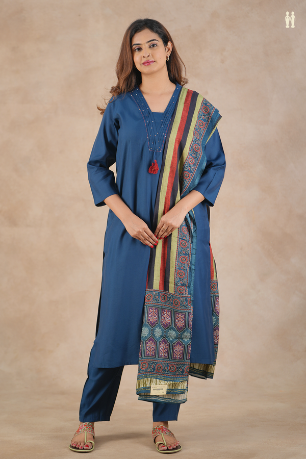 V-Neck Plain Oxford Blue Semi Silk Salwar Set