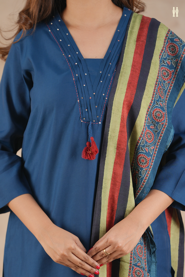 V-Neck Plain Oxford Blue Semi Silk Salwar Set