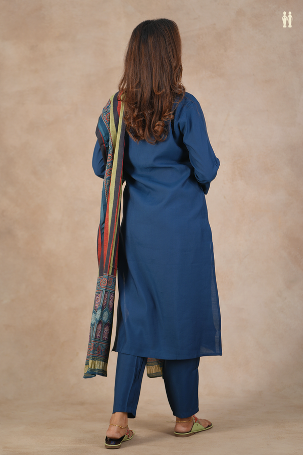 V-Neck Plain Oxford Blue Semi Silk Salwar Set