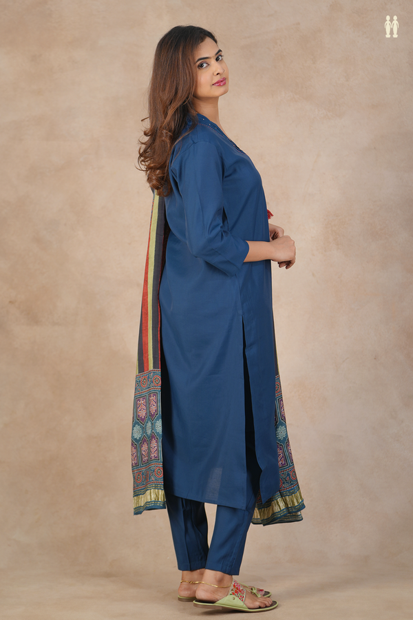 V-Neck Plain Oxford Blue Semi Silk Salwar Set