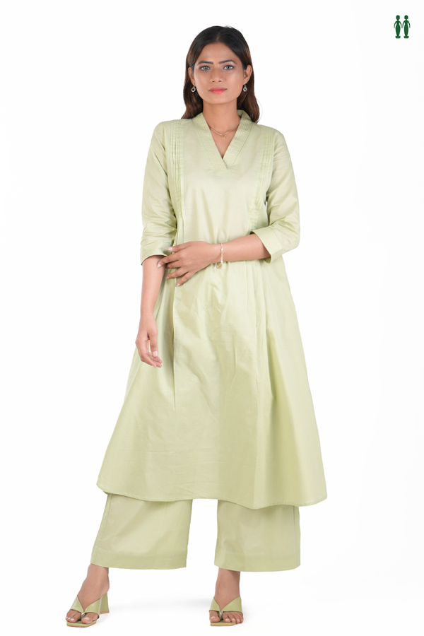 V-Neck Plain Pastel Green Cotton Salwar Set