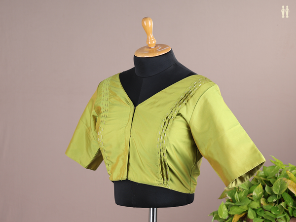 V-Neck Plain Pear Green Semi Silk Readymade Blouse