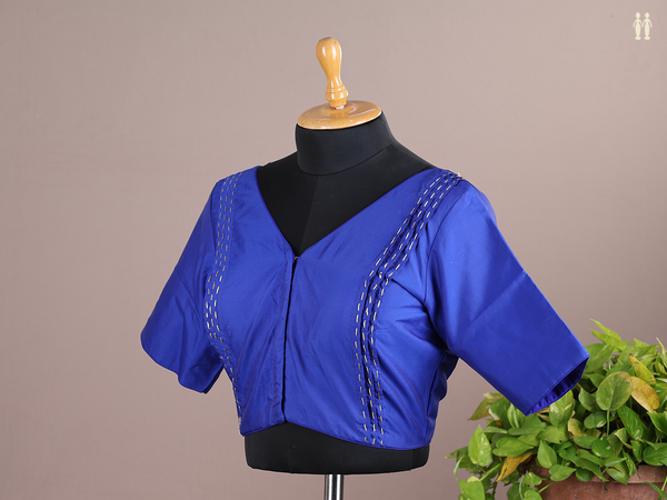 V-Neck Plain Royal Blue Semi Silk Readymade Blouse