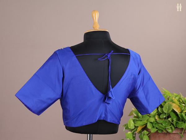 V-Neck Plain Royal Blue Semi Silk Readymade Blouse