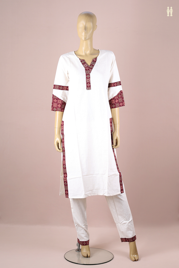 V-Neck Plain White Cotton Salwar Set