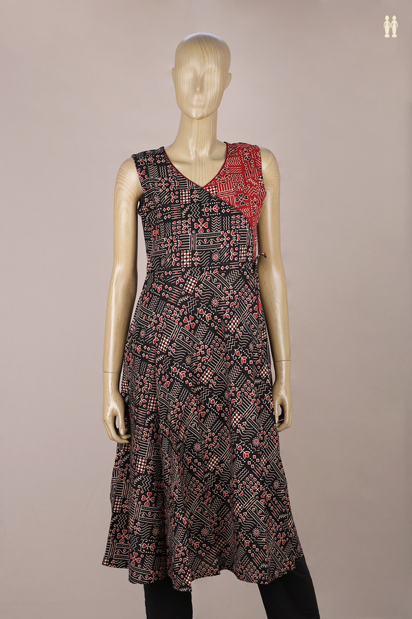 V-Neck Printed Design Black Cotton Long Kurta