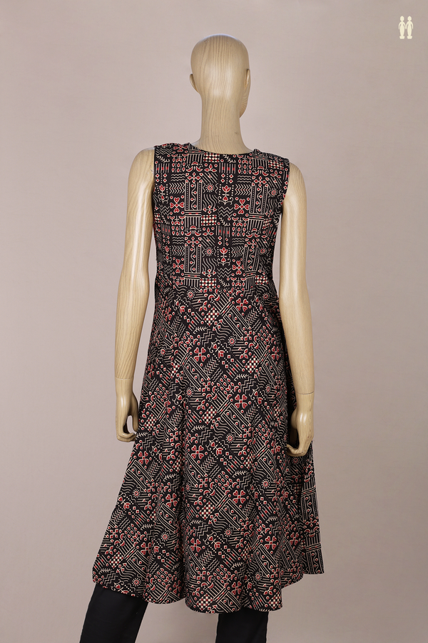 V-Neck Printed Design Black Cotton Long Kurta