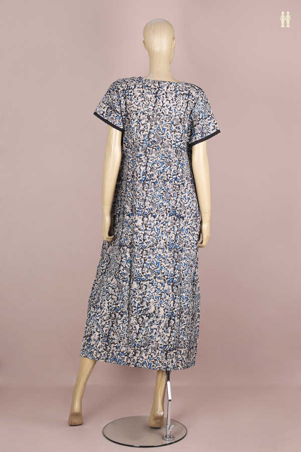 V-Neck Printed Design Black Cotton Nightie