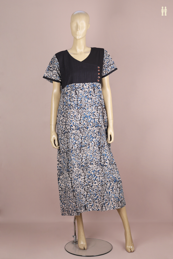 V-Neck Printed Design Black Cotton Nightie
