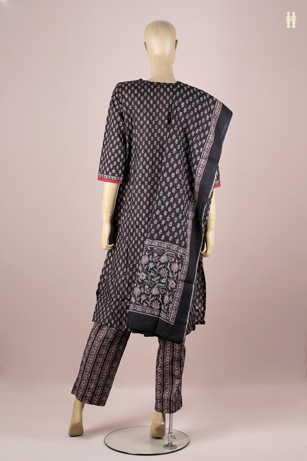 V-Neck Printed Design Black Cotton Salwar Set