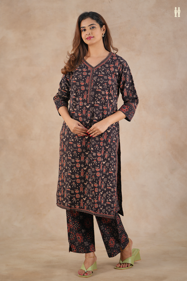 V-Neck Printed Design Black Cotton Salwar Set