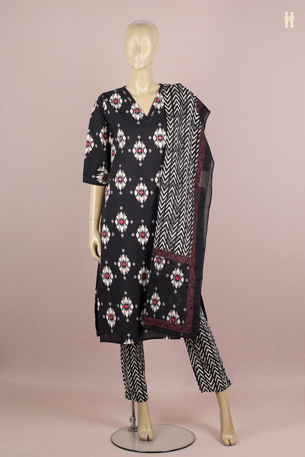 V-Neck Printed Design Black Cotton Salwar Set