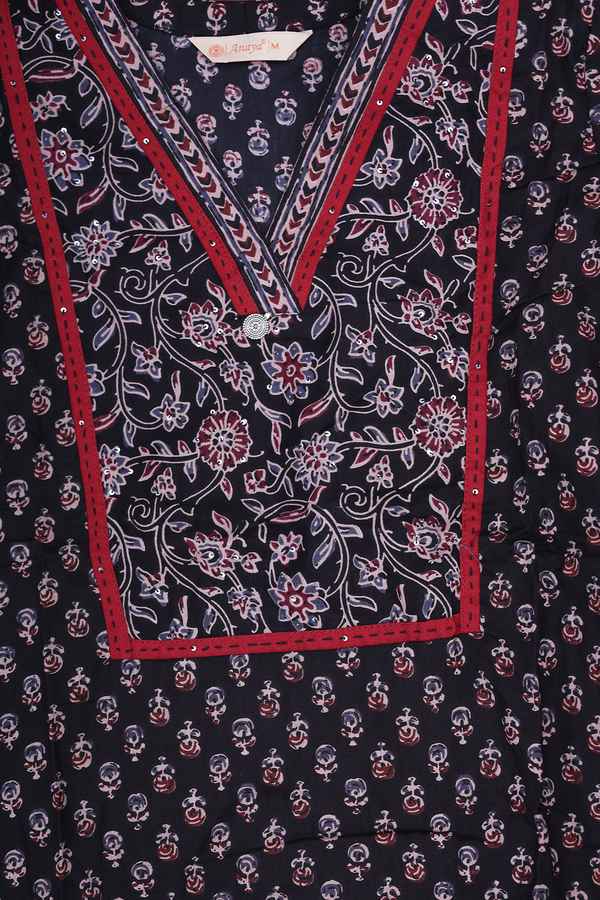 V-Neck Printed Design Black Cotton Salwar Set